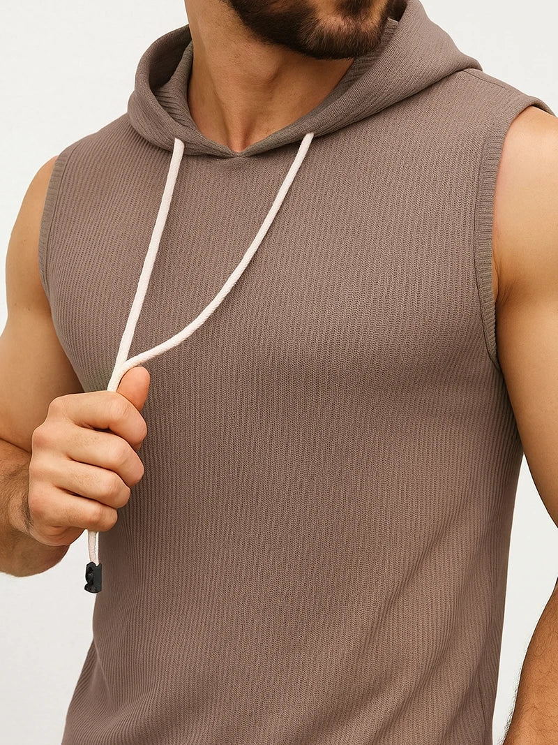 Tank Top Men’s Ribbed Sleeveless Hoodie Casual Muscle Fit Hooded Vest Gym Streetwear Sportswear Men Summer Top Tee Hooded Tank