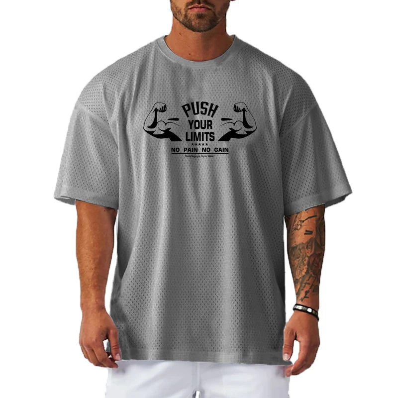 Oversized Loose Mesh Quick-Dry Short-Sleeved Sportswear Gym Bodybuilding Fitness Running Shirts Men's Workout Training T-Shirts