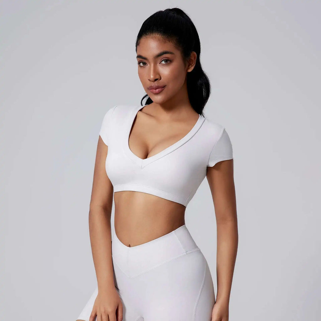 PMWRUN 2025 Sportswear Woman Gym Tight T-shirt Deep V Shaping Back Hollow Sexy Short Waist-Exposing Sports Short Sleeve Outdoor