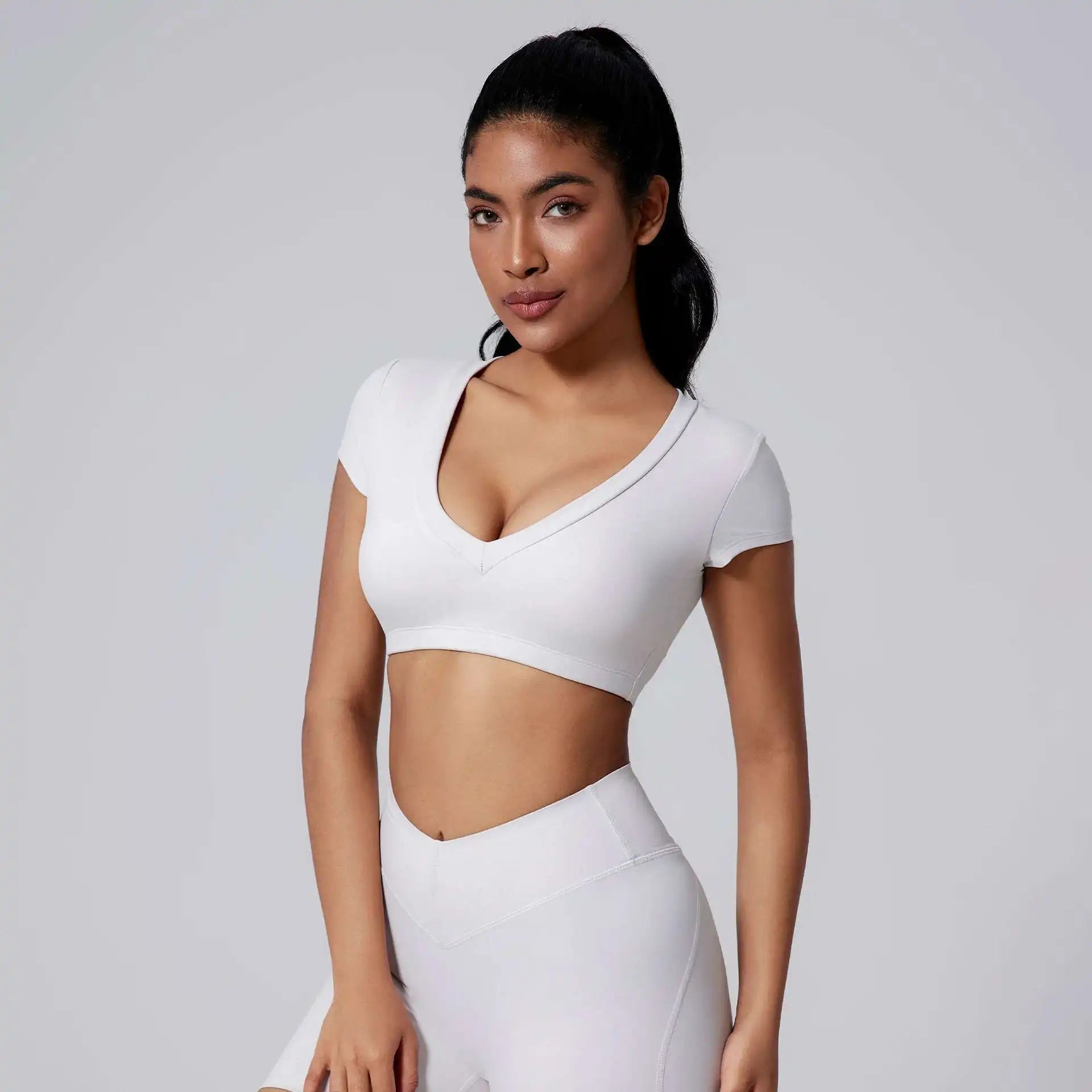 PMWRUN 2025 Sportswear Woman Gym Tight T-shirt Deep V Shaping Back Hollow Sexy Short Waist-Exposing Sports Short Sleeve Outdoor