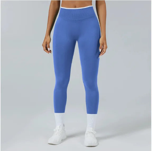 Women Seamless Ribbed Band High Waist Butt Lifting Sports Pants Leggings Compression Fitness Running Gym Workout Wear Suit