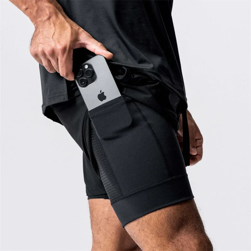 Men's Summer Gym Fitness Sport Double-deck 2 in 1 Shorts Quick Dry Running Workout Jogger Short Pants Bodybuilding Sweatpants
