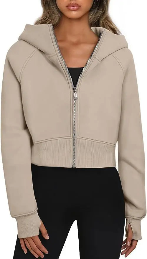 2025 European and American Women's Hooded Zipper Short Casual Plush Long-sleeved Sweatshirt