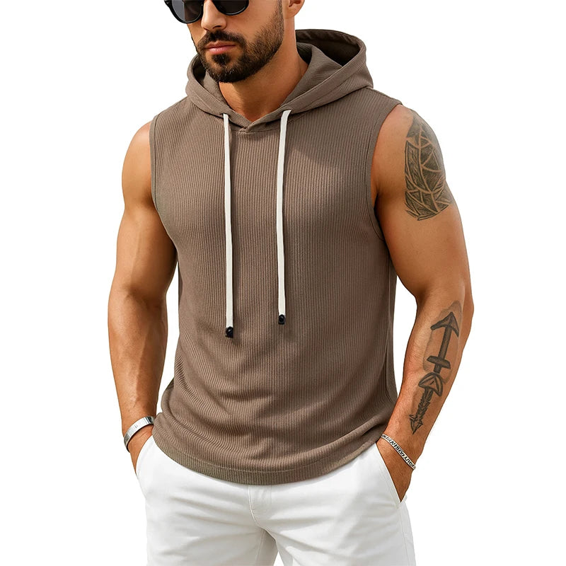 Tank Top Men’s Ribbed Sleeveless Hoodie Casual Muscle Fit Hooded Vest Gym Streetwear Sportswear Men Summer Top Tee Hooded Tank