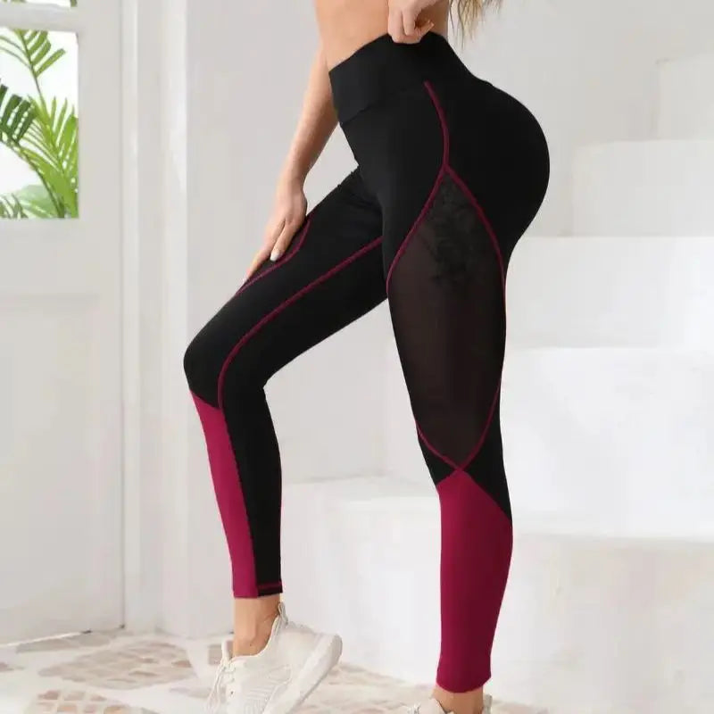 Women's high-waisted yoga pants, patchwork color block mesh stitching, hip-lifting, sports casual leggings, soft fabric, full of