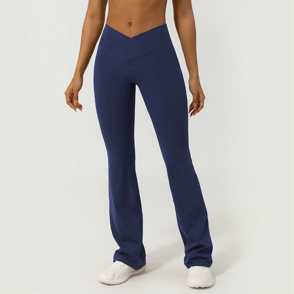 V-Cross Fitness Flare Pants Lifting Buttocks Cross Waist Yoga Sport Leggings Gym Outdoor Acticewear Workout Wide-Leg Pants