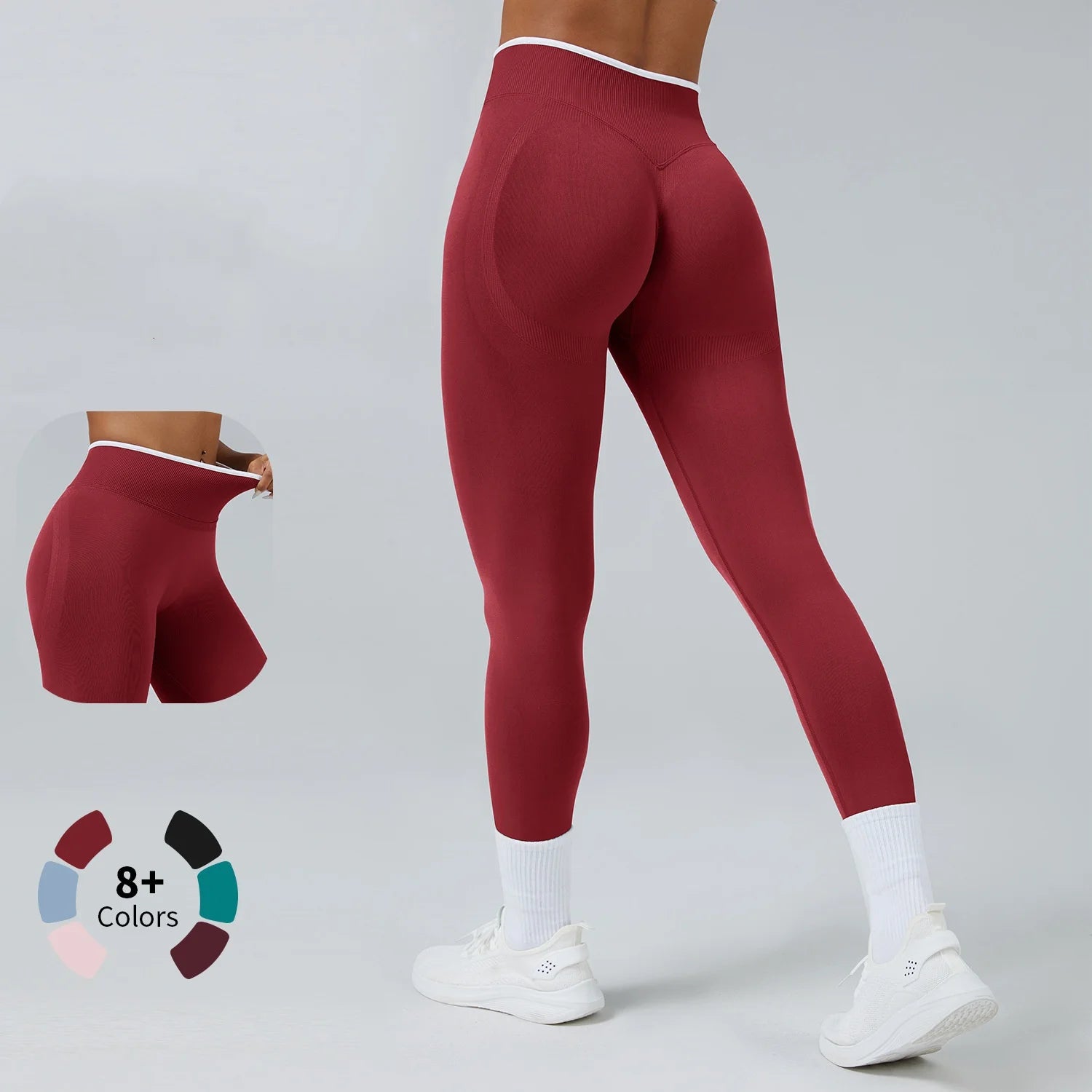 Women Seamless Ribbed Band High Waist Butt Lifting Sports Pants Leggings Compression Fitness Running Gym Workout Wear Suit