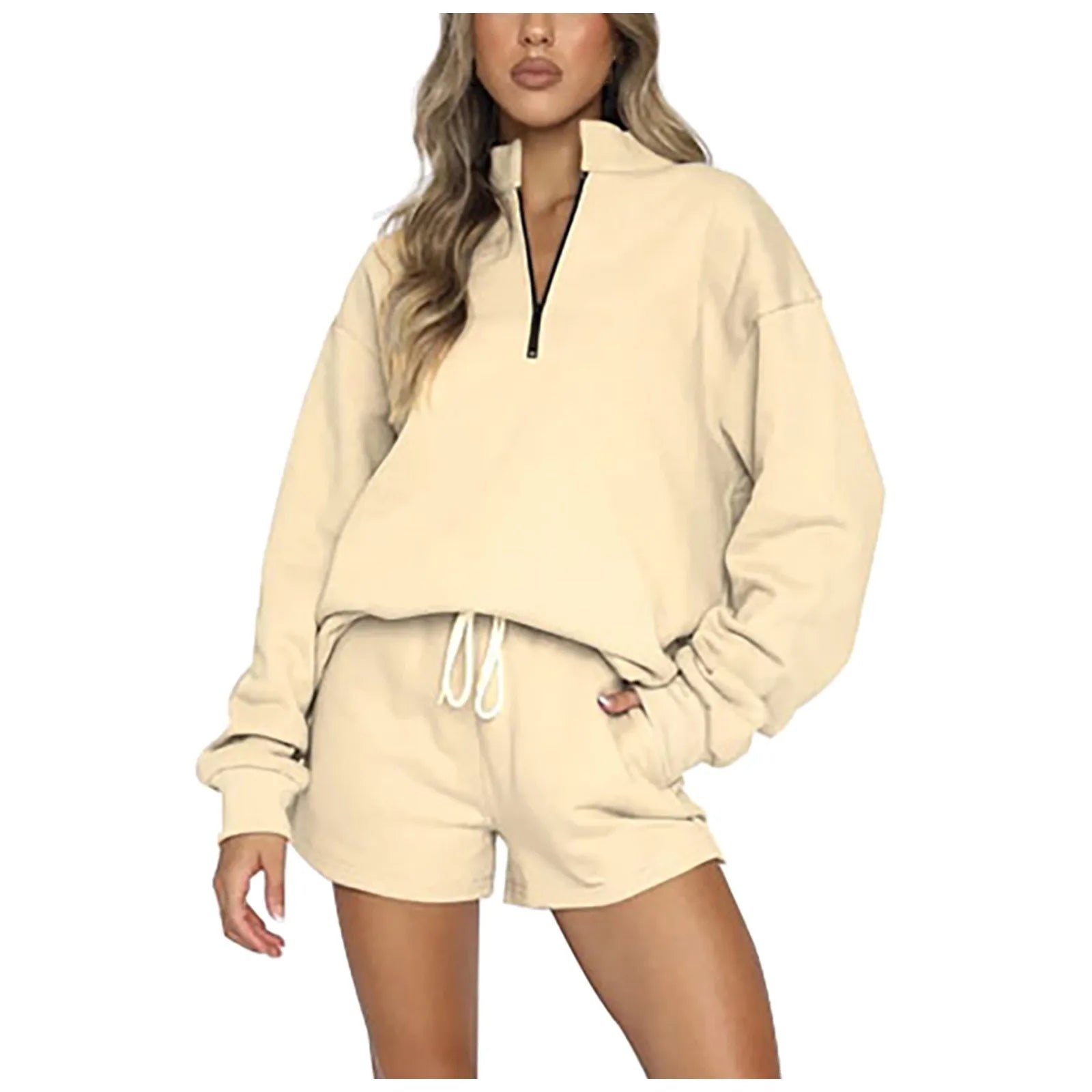 Solid Color Stand Up Collar Zipper Pullover Long Sleeved Sweatshirt For Women Fashion Shorts Suit Casual Sport Shorts Set