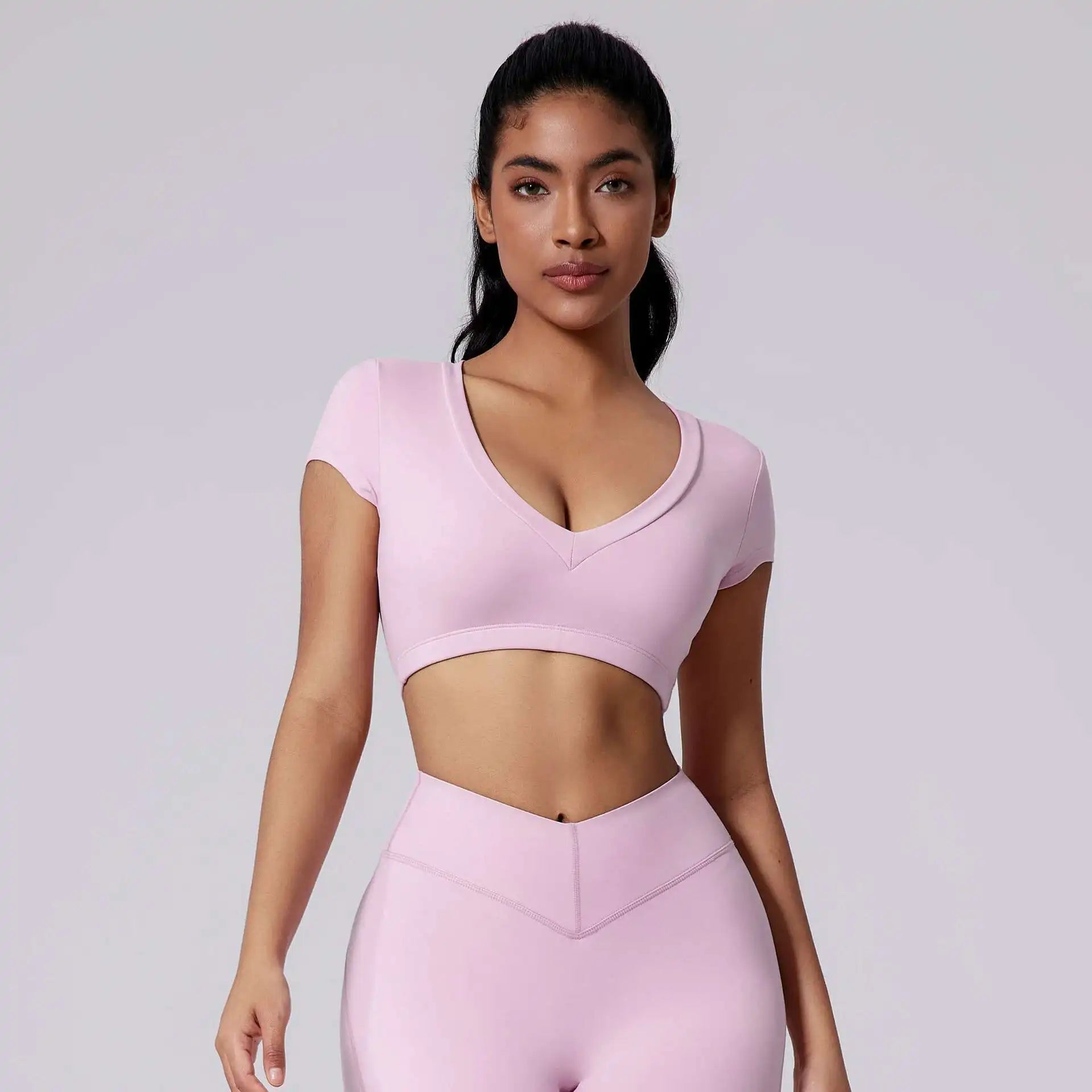 PMWRUN 2025 Sportswear Woman Gym Tight T-shirt Deep V Shaping Back Hollow Sexy Short Waist-Exposing Sports Short Sleeve Outdoor