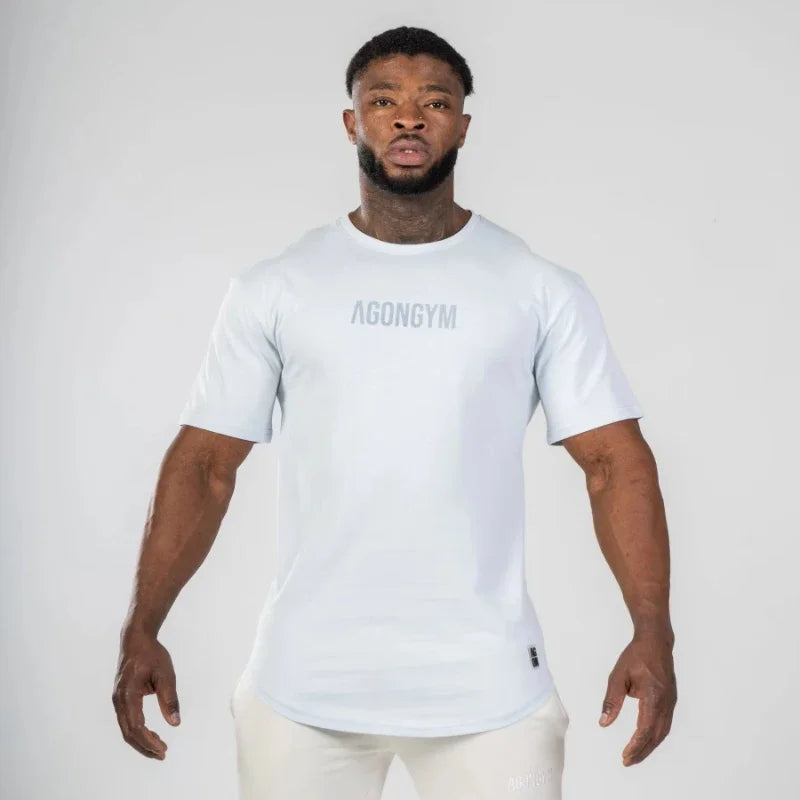 Gym Fitness Agongym Bodybuilding Oversized Loose T-shirt Cotton Men's Muscle Short Sleeve Gym Men's Running Exercise T-shirt Top