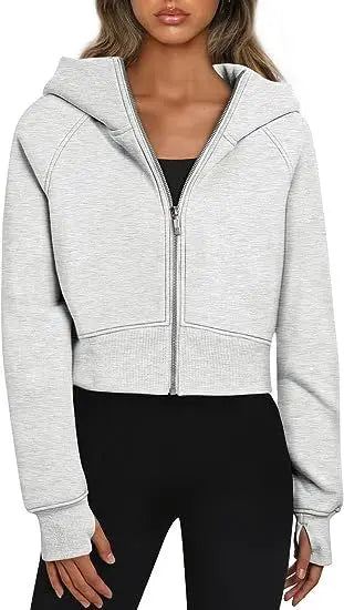 2025 European and American Women's Hooded Zipper Short Casual Plush Long-sleeved Sweatshirt