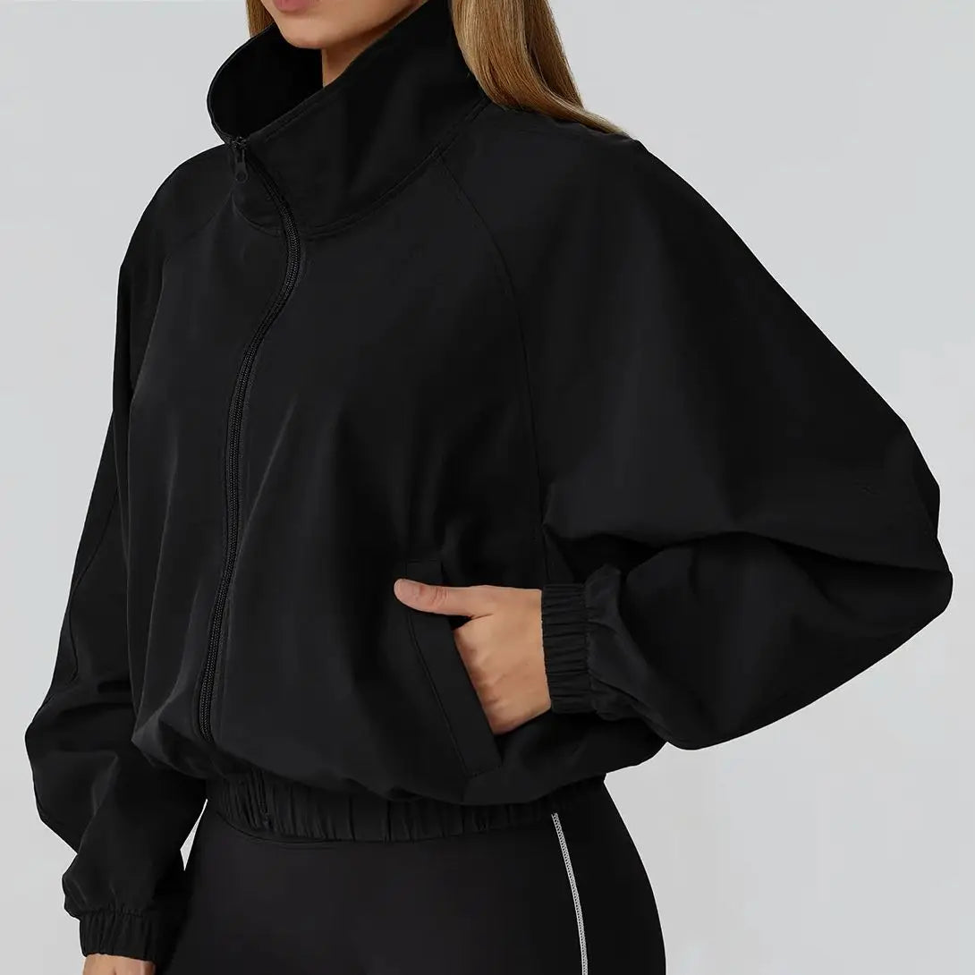Women Sport Jacket Long Sleeve Shirt Gym Sportswear Quick Drying Stand Up Collar Zipper Top Windproof Outdoor Running Yoga Jacke