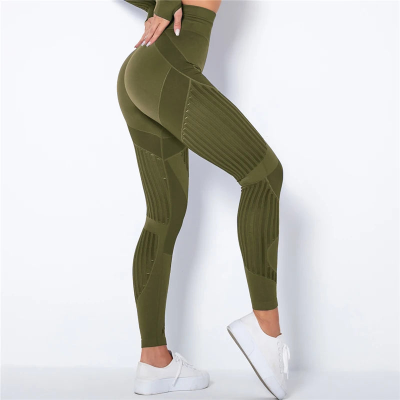 Hollow hip lift Sexy Leggings Women Seamless elastic tight bodybuilding High Waist Stripe Pants Slim Push Up Fitness Leggins