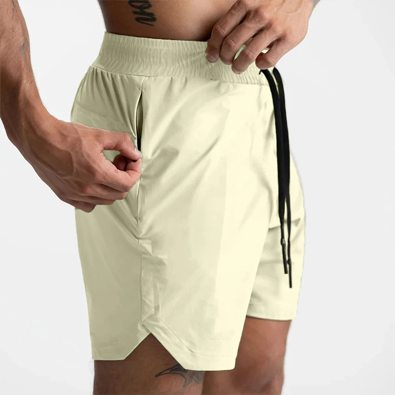 2024 Men's Single-Layer Woven Quick-Drying Solid-Color Shorts for Running, Fitness, and Casual Wear (American Fifth Pant Style)