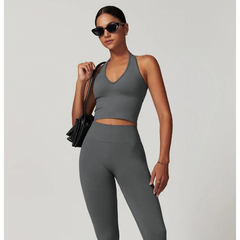 Halter Neck Backless Yoga Bra European and American Seamless Sports Bra Women's Summer Shockproof Fitness Top