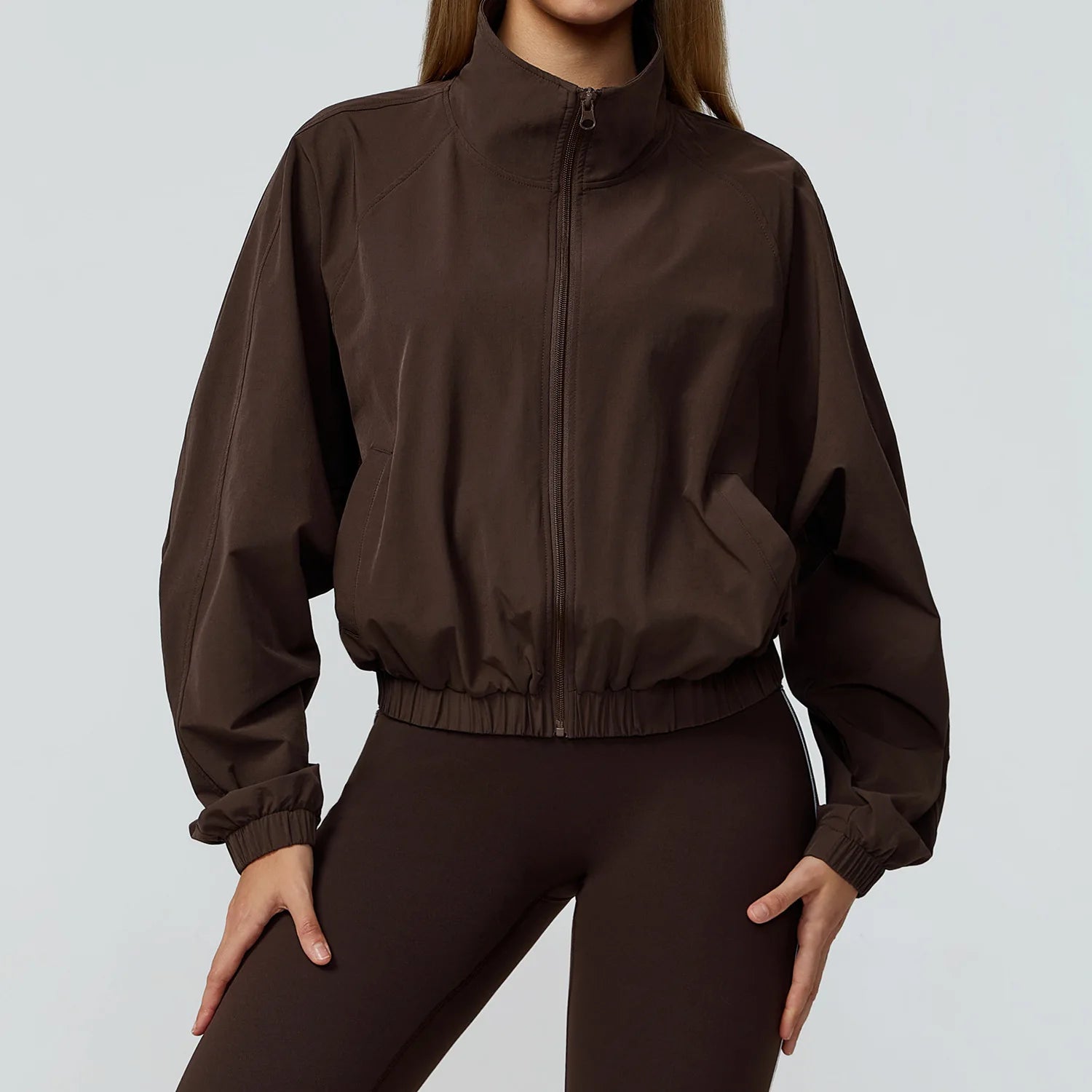 Women Sport Jacket Long Sleeve Shirt Gym Sportswear Quick Drying Stand Up Collar Zipper Top Windproof Outdoor Running Yoga Jacke