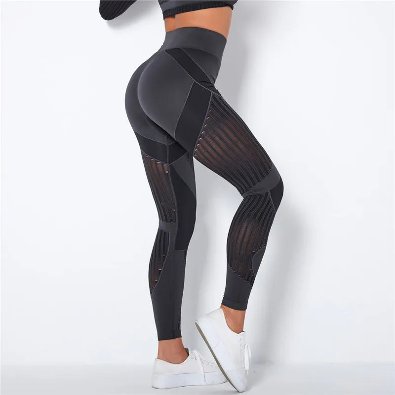 Hollow hip lift Sexy Leggings Women Seamless elastic tight bodybuilding High Waist Stripe Pants Slim Push Up Fitness Leggins