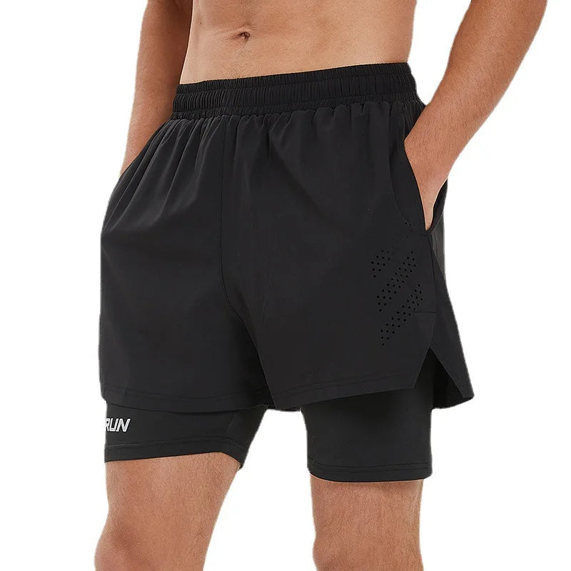 Men 2 in 1 Multi-Pocket Shorts Fitness Workout Lined Tight Short Race Marathon Sweatpants Quick Dry Breathable Scanties Running
