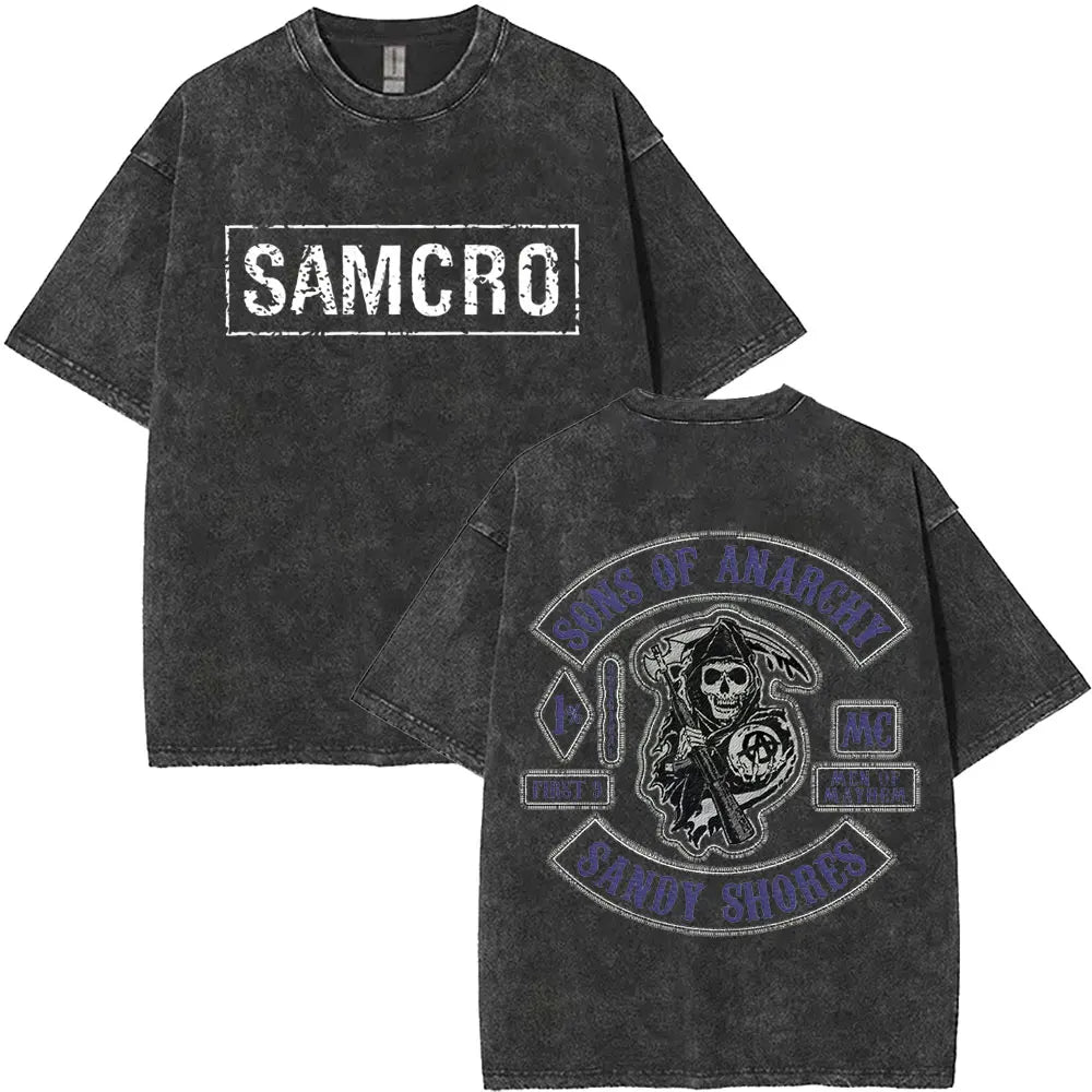 Washed Vintage Sons of Anarchy SAMCRO Double Sided Graphic T Shirt Men Women Hip Hop Rock Oversized T-shirts Male Casual T-shirt