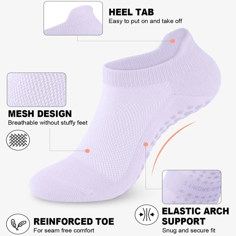 4 Pairs Grip Socks for Women Non Slip Yoga Socks Pilates Breathable Mesh Short Socks Cotton Low Cut Gym Fitness Dance Sport Sock