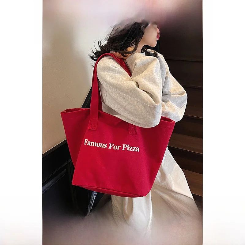 URUM Korean Sle Lazy Letter Red Canvas Tote Bag Women Large Capaci Student Class Single oulder Bag Casual Daily Purse