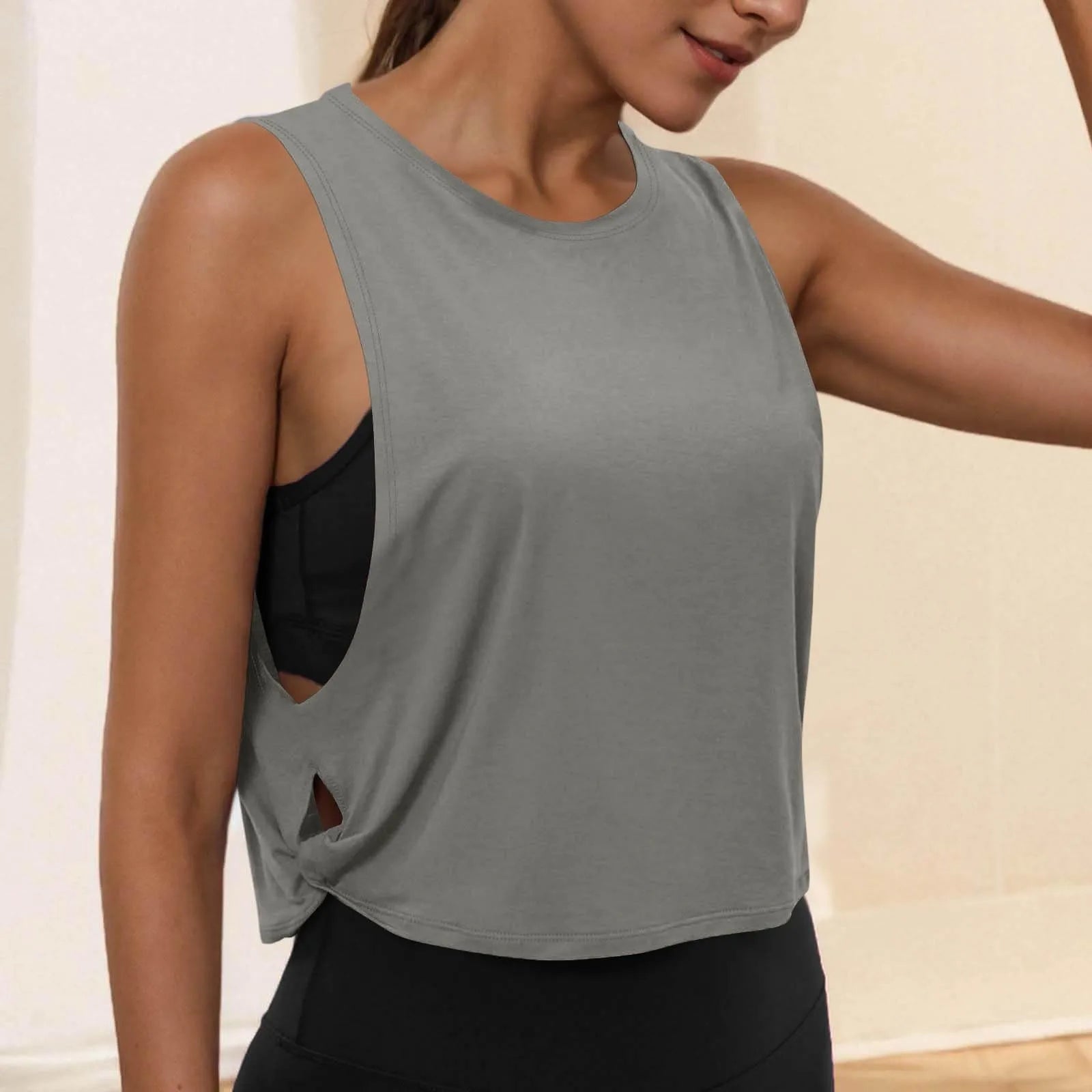 Ladies' Fashion Round Neck Yoga Wear Sleeveless Athletic Vest Casual Top Pure Color Loose Comfy Lightweight Short Top