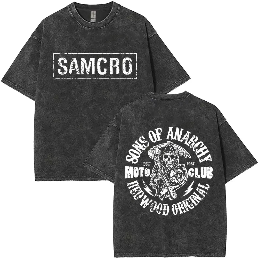 Washed Vintage Sons of Anarchy SAMCRO Double Sided Graphic T Shirt Men Women Hip Hop Rock Oversized T-shirts Male Casual T-shirt
