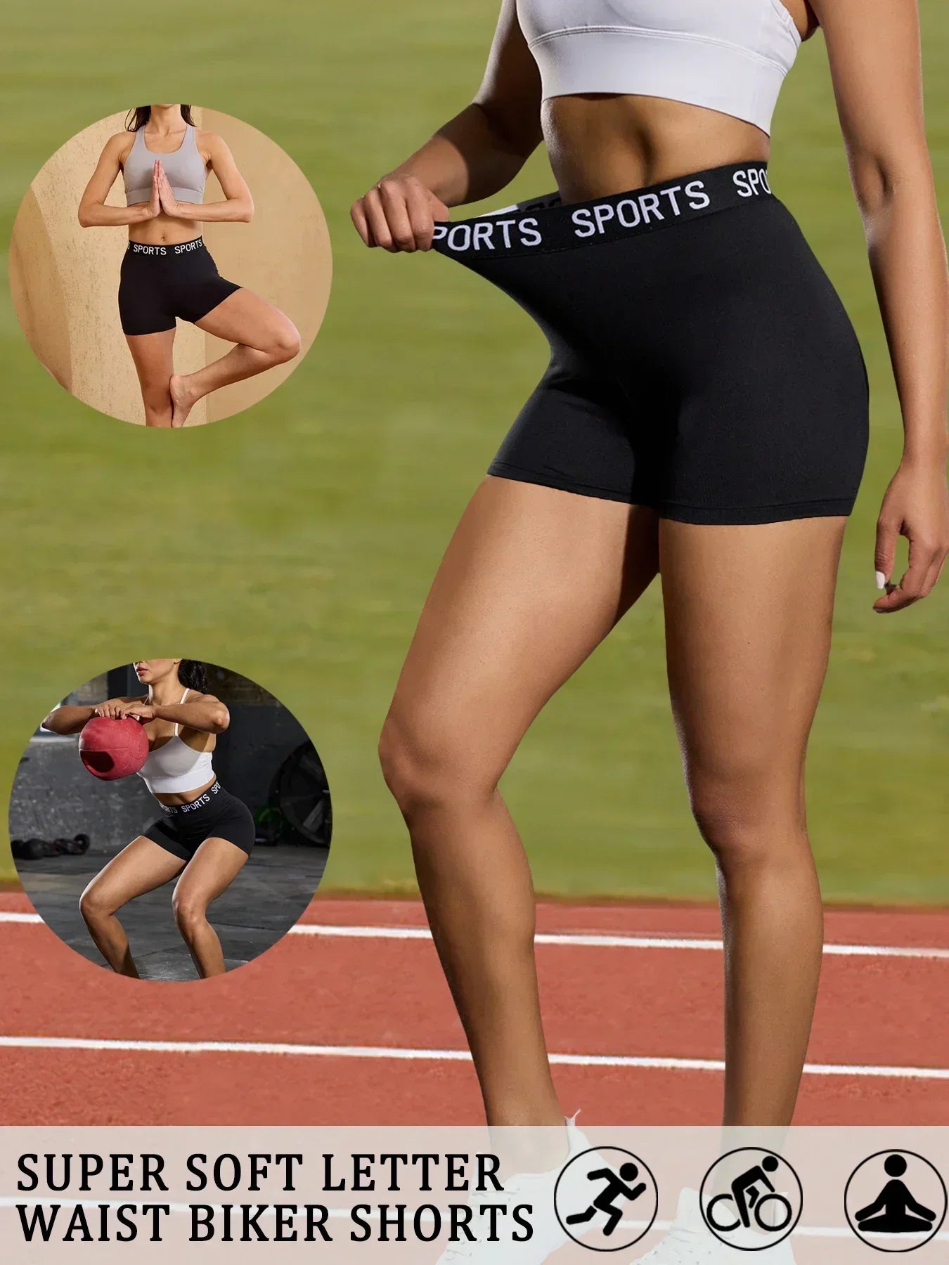 Super Soft Letter Waist Biker Shorts For Women No See Through Workout Running Yoga Athletic Push Up Gym Fitness  Shorts