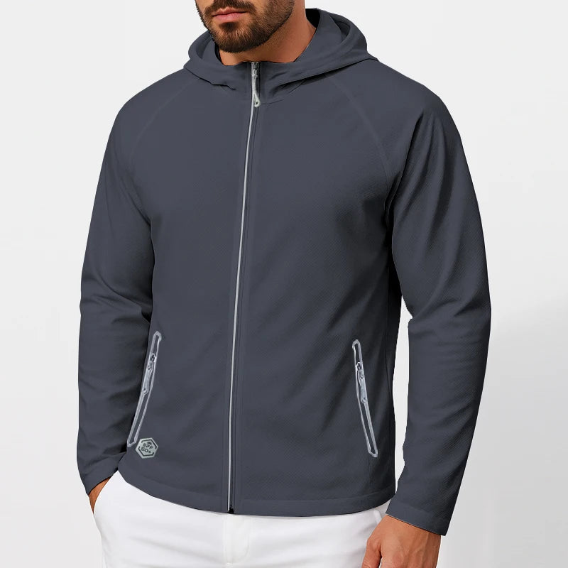 50+ UPF Sun Protection Clothing Men Long Sleeve Hoodie Jacket Men UV Proof with Reflective Sign for Running Fishing Outdoor Wear