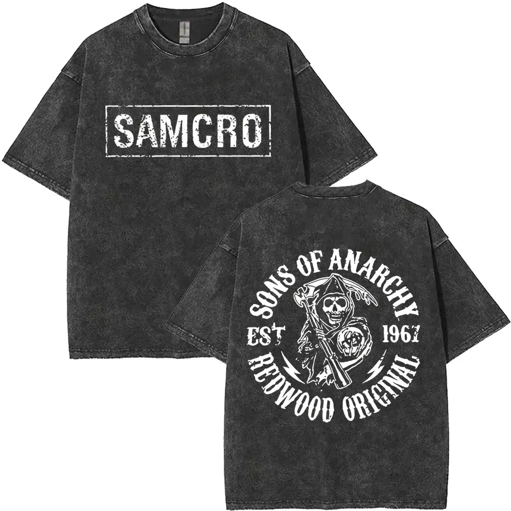 Washed Vintage Sons of Anarchy SAMCRO Double Sided Graphic T Shirt Men Women Hip Hop Rock Oversized T-shirts Male Casual T-shirt