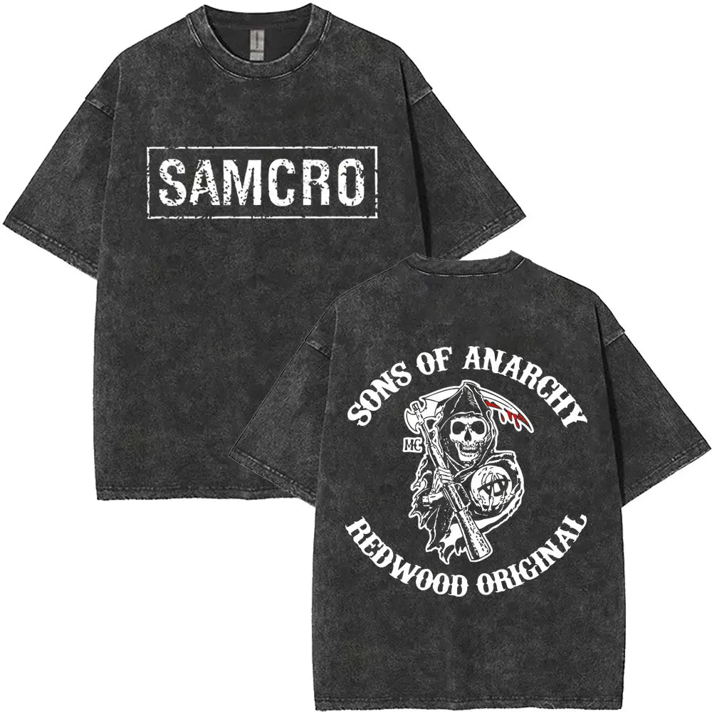 Washed Vintage Sons of Anarchy SAMCRO Double Sided Graphic T Shirt Men Women Hip Hop Rock Oversized T-shirts Male Casual T-shirt