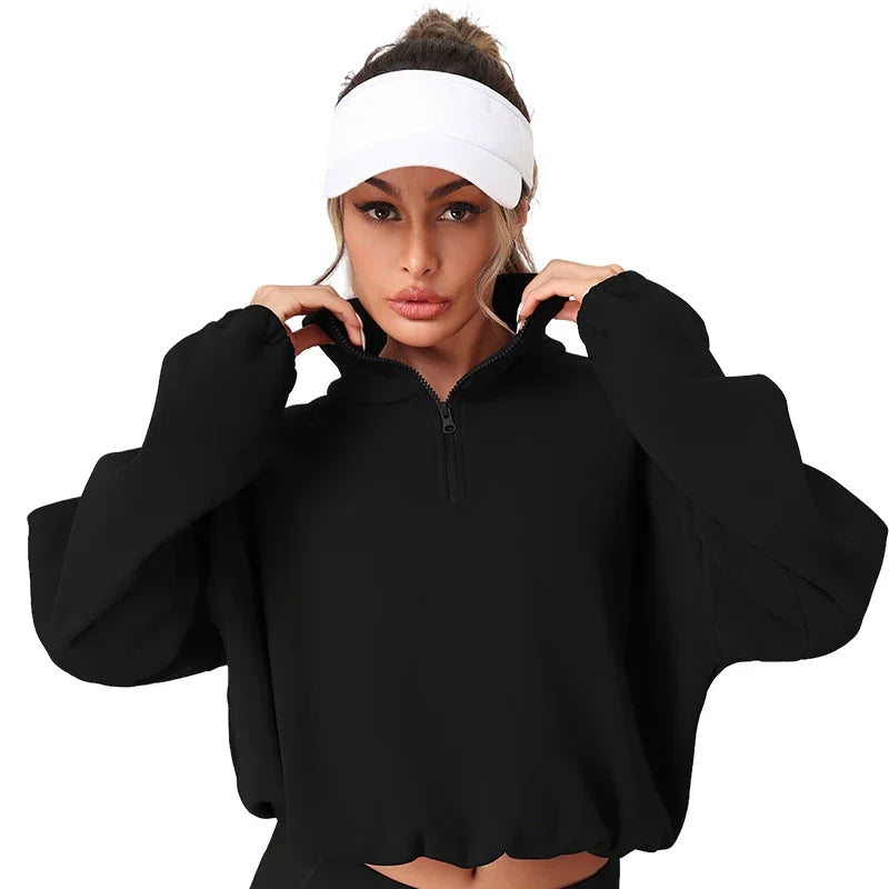 Thermal Half Zip Loose Yoga Shirt Solid Color Fleece Lined Sweatshirt Autumn Winter Pullover Drawstring Hem for Adjustable Fit