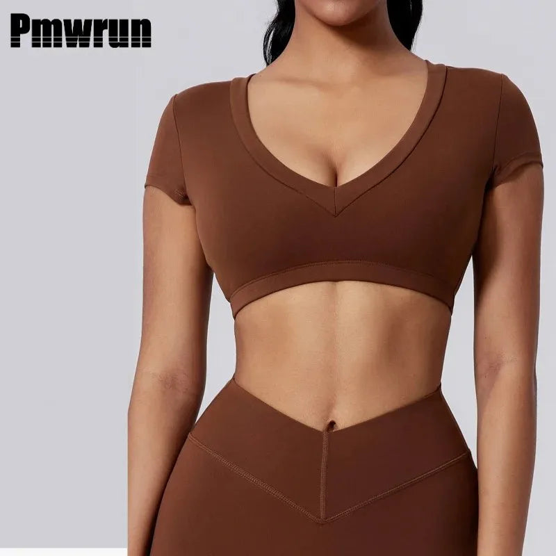 PMWRUN 2025 Sportswear Woman Gym Tight T-shirt Deep V Shaping Back Hollow Sexy Short Waist-Exposing Sports Short Sleeve Outdoor