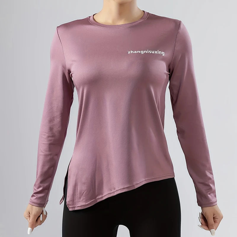 Letter Print Round Neck Long Sleeve T-shirt, Fitness Yoga Split Hem Top, Women's Tops