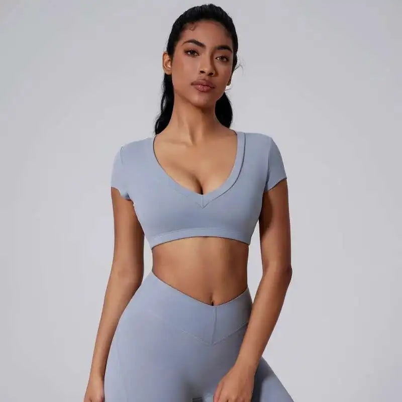 PMWRUN 2025 Sportswear Woman Gym Tight T-shirt Deep V Shaping Back Hollow Sexy Short Waist-Exposing Sports Short Sleeve Outdoor