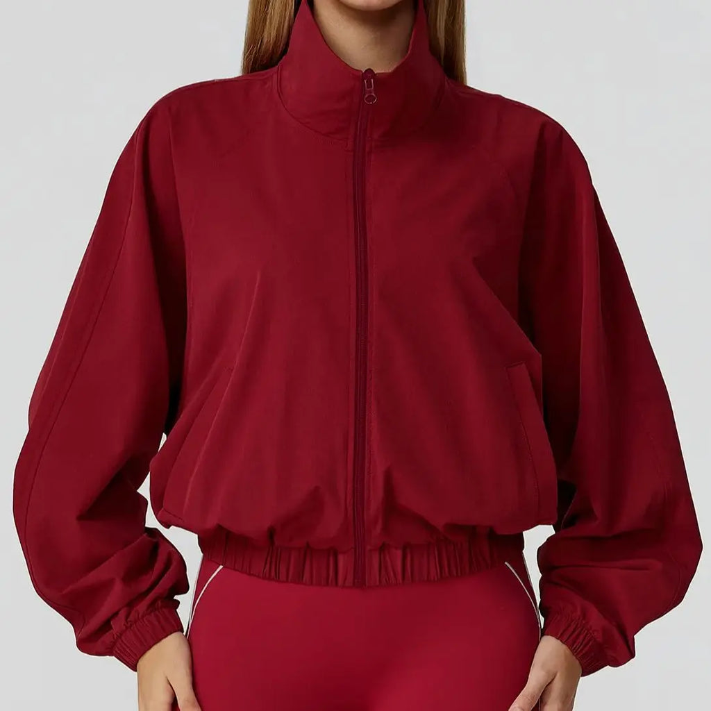 Women Sport Jacket Long Sleeve Shirt Gym Sportswear Quick Drying Stand Up Collar Zipper Top Windproof Outdoor Running Yoga Jacke