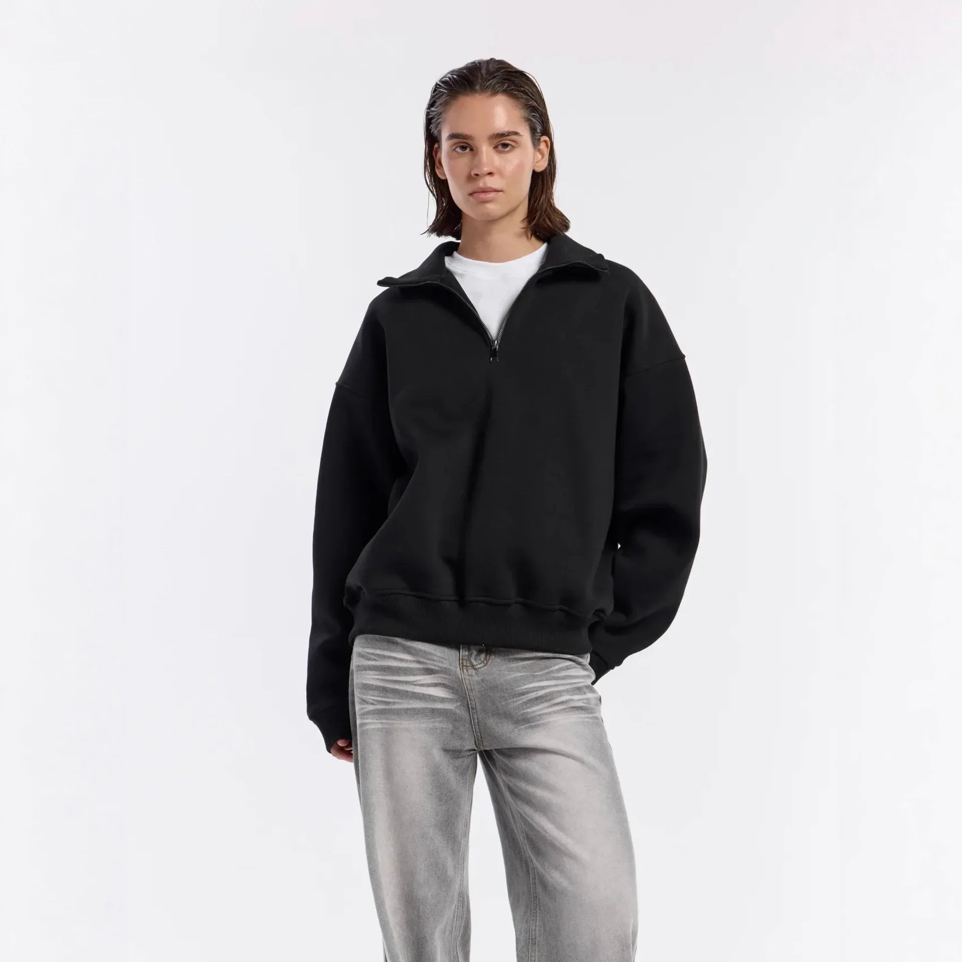 Thickened Oversize Sweatshirt Jacket Women's Loose Fit Solid Color Autumn Winter Fashion Personalized Simple Cotton Hoodie