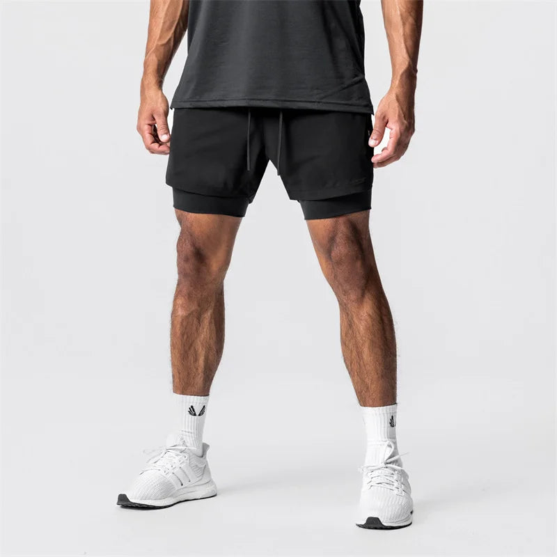 Men's Summer Gym Fitness Sport Double-deck 2 in 1 Shorts Quick Dry Running Workout Jogger Short Pants Bodybuilding Sweatpants