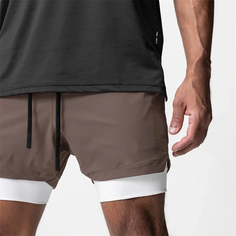 Men's Summer Gym Fitness Sport Double-deck 2 in 1 Shorts Quick Dry Running Workout Jogger Short Pants Bodybuilding Sweatpants