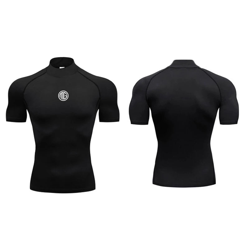 Running T-shirts Mens Compression Shirt Summer Turtleneck Elastic Quick Dry Sports Tees Muscle Gym Workout Short Sleeve T Shirts