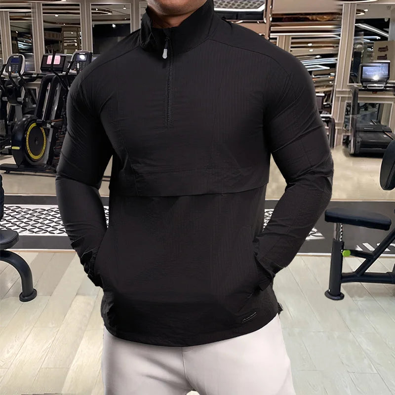 Men Long Sleeves T-shirt Elastic Ice Silk Outdoor Sports Fitness Quick Dry T-Shirt Half Zipper Sports Casual Top Men Sportswear