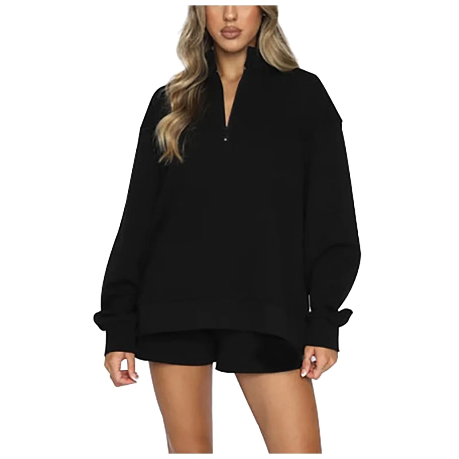 Solid Color Stand Up Collar Zipper Pullover Long Sleeved Sweatshirt For Women Fashion Shorts Suit Casual Sport Shorts Set