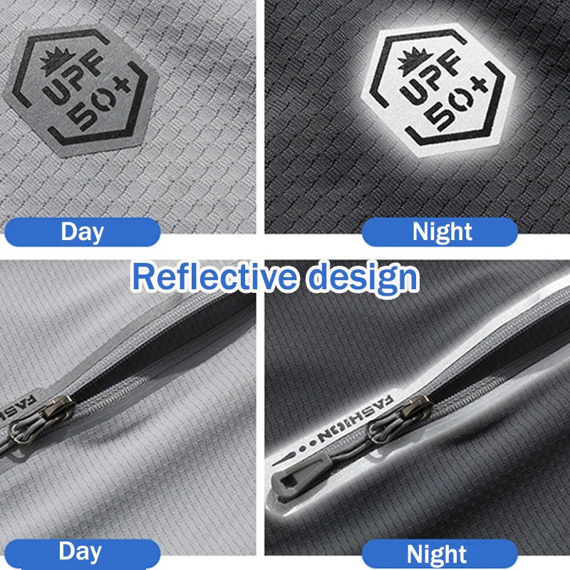 50+ UPF Sun Protection Clothing Men Long Sleeve Hoodie Jacket Men UV Proof with Reflective Sign for Running Fishing Outdoor Wear