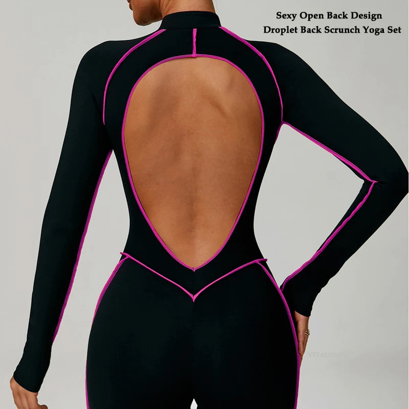 VITALINOVO Women Long Sleeve Workout Jumpsuit Zip Up Romper Bottom Pants Built-in Bra Bodysuit Bodycon Sexy One Piece Colorblock