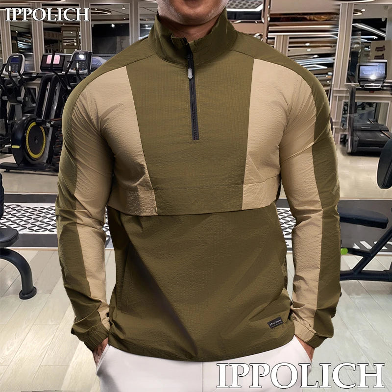 Men Long Sleeves T-shirt Elastic Ice Silk Outdoor Sports Fitness Quick Dry T-Shirt Half Zipper Sports Casual Top Men Sportswear