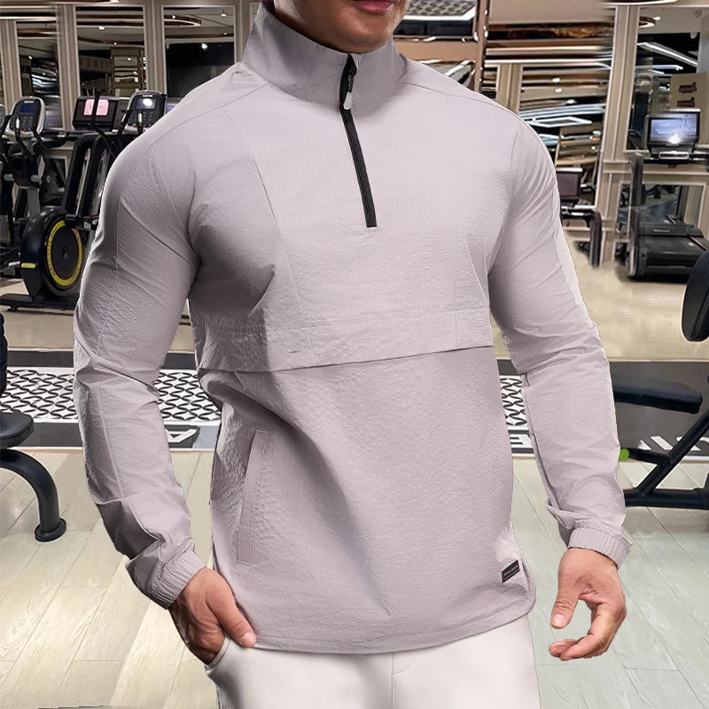 Men Long Sleeves T-shirt Elastic Ice Silk Outdoor Sports Fitness Quick Dry T-Shirt Half Zipper Sports Casual Top Men Sportswear