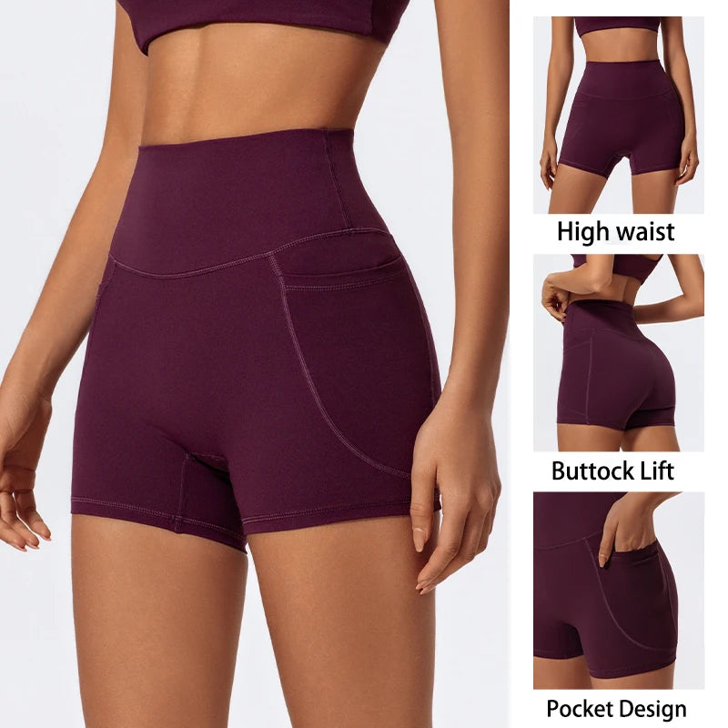 Ctenkevet Women's Pocket Athletic Shorts Running Tight Pants Gym Workout Yoga Trunks Female High Waist Buttock Lift Legging
