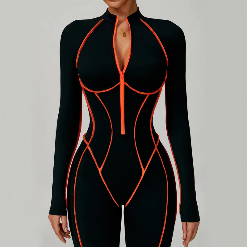 VITALINOVO Women Long Sleeve Workout Jumpsuit Zip Up Romper Bottom Pants Built-in Bra Bodysuit Bodycon Sexy One Piece Colorblock