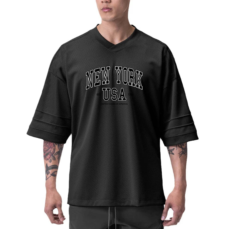 Oversized Mens Sport Half Sleeves T-Shirt Mesh Loose Quick Dry Breathable Running Shirt Gym Fitness Bodybuilding Muscle Tee Tops