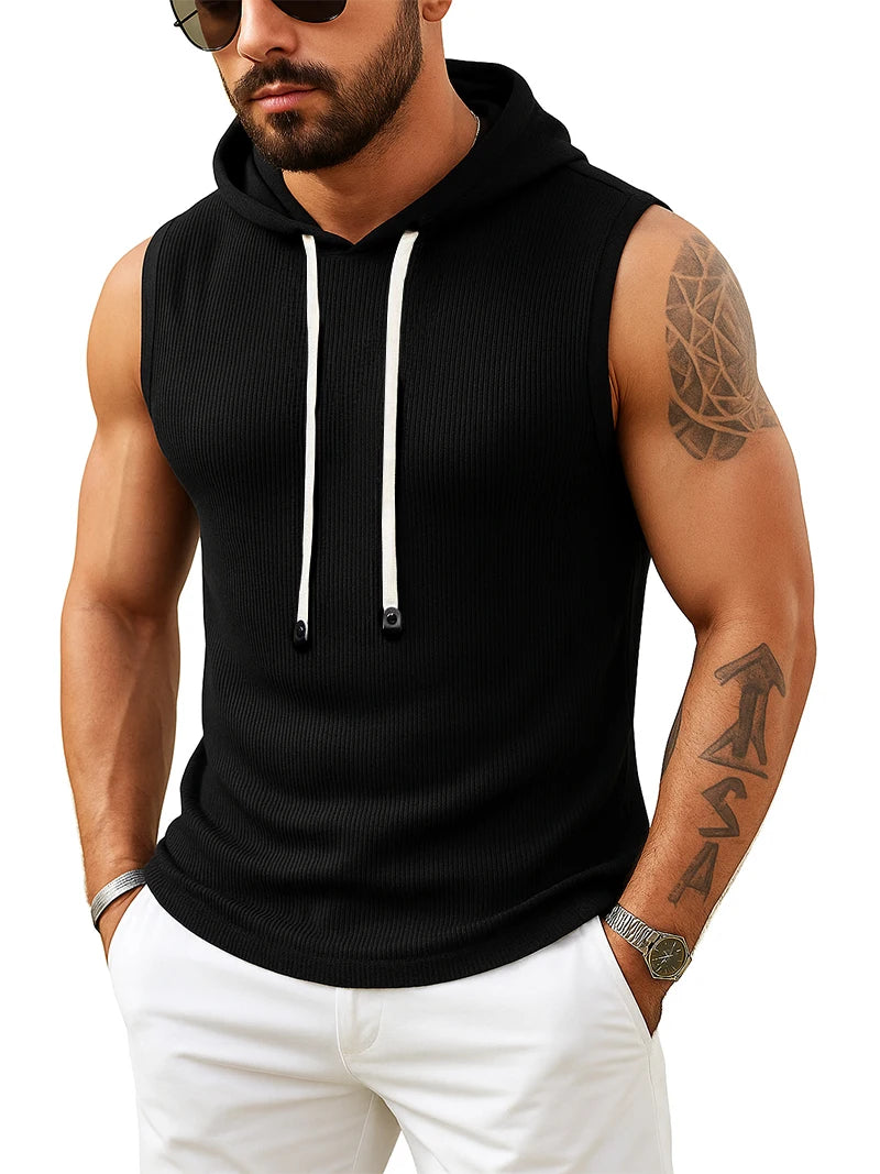 Tank Top Men’s Ribbed Sleeveless Hoodie Casual Muscle Fit Hooded Vest Gym Streetwear Sportswear Men Summer Top Tee Hooded Tank